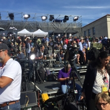 Media members arrived early on Sept. 23 to set up their gear on the riser.