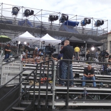 Media setting up on the 10-tier riser on the University Mall