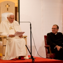 Pope Benedict XVI addresses Catholic educators from across the country in the Great Room of the Pryzbyla Center on April 17, 2008.