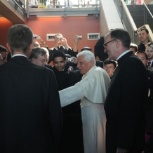 Pope Benedict XVI greets members of the University community in the lower lobby of the Pryzbyla Center on April 17, 2008.