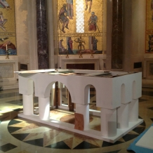 The partially finished altar for the papal Mass sits in the Great Upper Church of the Basilica.