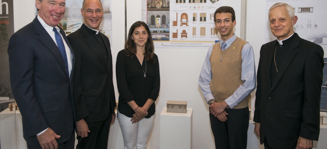 Papal altar designers Ariadne Cerritelli and Matthew Hoffman  with contest sponsors