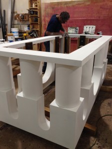 Deacon Dave Cahoon, a carpenter and ordained deacon for the Archdiocese of Washington, works on the altar that will be used by Pope Francis as he celebrates the canonization Mass of Junipero Serra at the Basilica of the National Shrine of the Immaculate Conception in September. The altar was designed by three recent architecture graduates. 