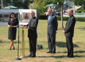 With Cardinal Wuerl at the news conference were, from left, Chieko Noguchi, director of media and public relations for the Archdiocese of Washington; John Garvey, president of The Catholic University of America; and Monsignor Walter Rossi, rector of the Basilica of the National Shrine of the Immaculate Conception. 