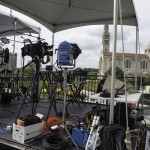 NBC studio from the top of Father O Connell Hall.Tuesday preparations for the Papal Visit including the student designed alter and furniture and rehearsal of the CUA symphony Orchestra and combined choruses at The Catholic University of America and Basilica Shrine of the Immaculate Conception in Washington, D.C.