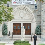 Theological College's BannerTuesday preparations for the Papal Visit including the student designed alter and furniture and rehearsal of the CUA symphony Orchestra and combined choruses at The Catholic University of America and Basilica Shrine of the Immaculate Conception in Washington, D.C.