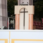 Lectern for the Altar.Tuesday preparations for the Papal Visit including the student designed alter and furniture and rehearsal of the CUA symphony Orchestra and combined choruses at The Catholic University of America and Basilica Shrine of the Immaculate Conception in Washington, D.C.