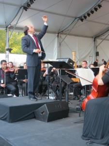 Simeone Tartaglione, conductor of the CUA Symphony Orchestra, conducts University musicians following the conclusion of the papal Mass on Sept. 23.
