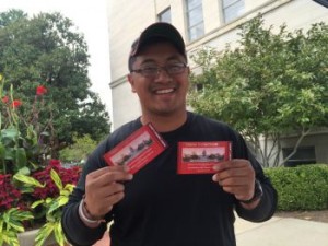 Student Victor Esposito is seen with his tickets to view Pope Francis's address to Congress from the Capital. 