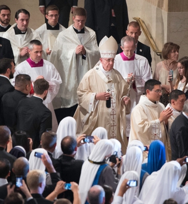 Pope Francis processing from inside the Basilica to the altar outside