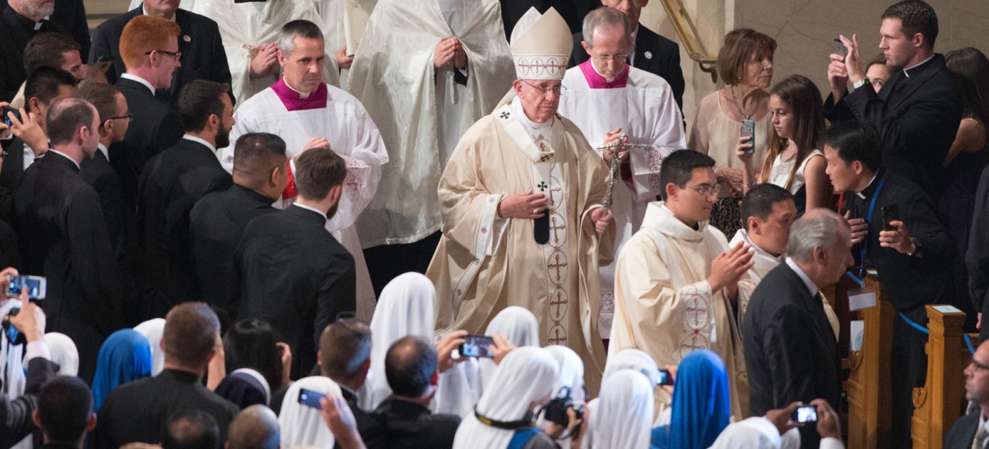 Pope Francis processing from inside the Basilica to the altar outside