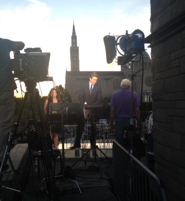 ABC News anchor David Muir on the air from the rooftop of Father O’Connell Hall.