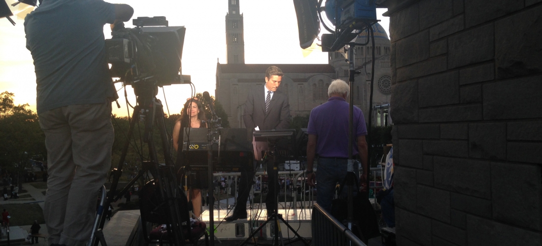 ABC News anchor David Muir on the air from the rooftop of Father O’Connell Hall.