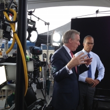 NBC News anchor Lester Holt with CUA President John Garvey in the rooftop studio.