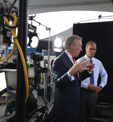 NBC News anchor Lester Holt with CUA President John Garvey in the rooftop studio.