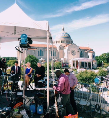 NBC News set up an elaborate operation on the west roof of Father O’Connell Hall.