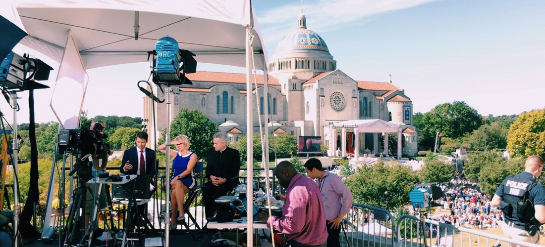 NBC News set up an elaborate operation on the west roof of Father O’Connell Hall.