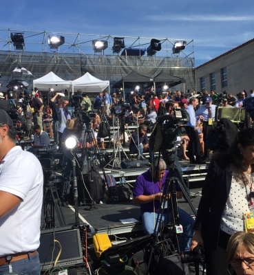 Media members arrived early on Sept. 23 to set up their gear on the riser.