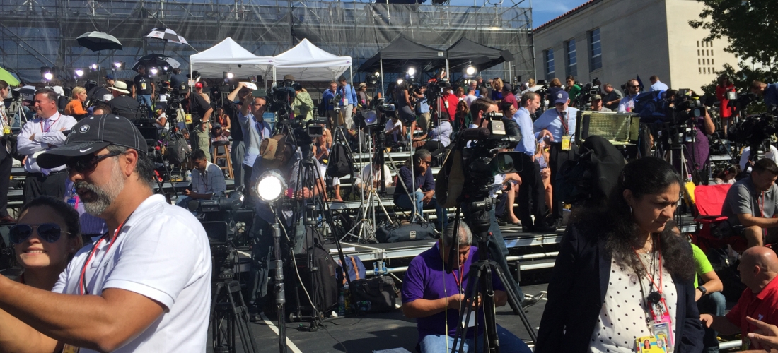 Media members arrived early on Sept. 23 to set up their gear on the riser.