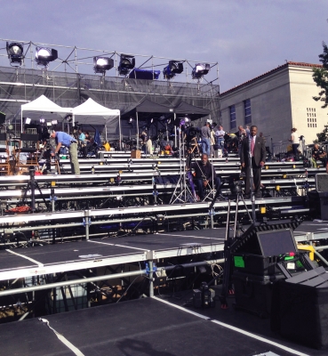 A 10-tiered riser on the University Mall accommodated more than 350 media representatives.