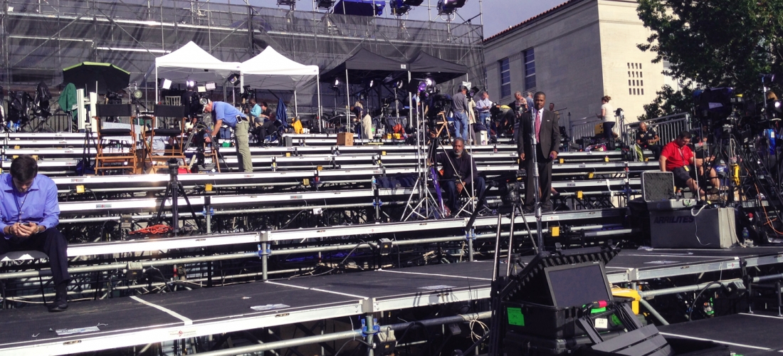 A 10-tiered riser on the University Mall accommodated more than 350 media representatives.