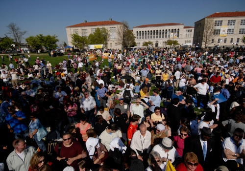 Thousands of CUA alumni, students, and faculty gathered on the campus to welcome Pope Benedict XVI on Wednesday, April 16, 2008.