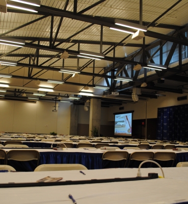 The Great Room of the Pryzbyla Center was set up as a filing center to accommodate 300 journalists.