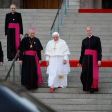 Pope Benedict XVI descends the stairs of the Basilica of the National Shrine of the Immaculate Conception on April 16, 2008.