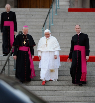 Pope Benedict XVI descends the stairs of the Basilica of the National Shrine of the Immaculate Conception on April 16, 2008.