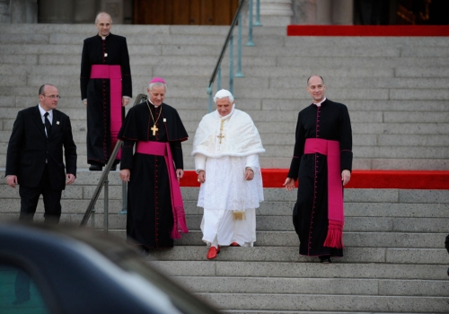 Pope Benedict XVI descends the stairs of the Basilica of the National Shrine of the Immaculate Conception on April 16, 2008.