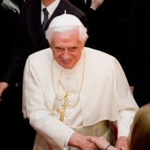 Pope Benedict XVI greets audience members in the Great Room of the Pryzbyla Center on April 17, 2008.