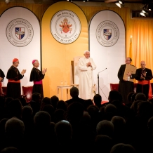 Audience members express their appreciation after Pope Benedict XVI’s speech on April 17, 2008.