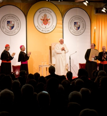 Audience members express their appreciation after Pope Benedict XVI’s speech on April 17, 2008.