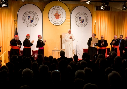 Audience members express their appreciation after Pope Benedict XVI’s speech on April 17, 2008.