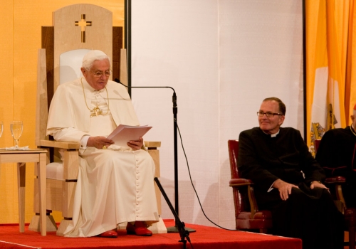 Pope Benedict XVI addresses Catholic educators from across the country in the Great Room of the Pryzbyla Center on April 17, 2008.