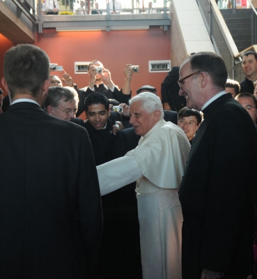 Pope Benedict XVI greets members of the University community in the lower lobby of the Pryzbyla Center on April 17, 2008.