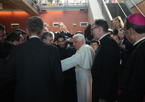 Pope Benedict XVI greets members of the University community in the lower lobby of the Pryzbyla Center on April 17, 2008.
