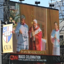 CUA students view Pope Benedict XVI’s Mass at Nationals Stadium on a big screen on campus on April 17, 2008.