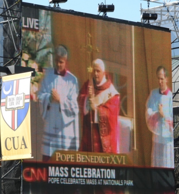 CUA students view Pope Benedict XVI’s Mass at Nationals Stadium on a big screen on campus on April 17, 2008.