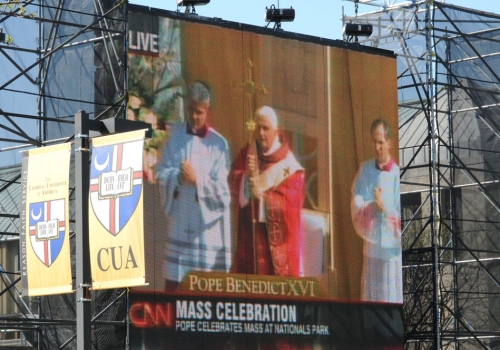 CUA students view Pope Benedict XVI’s Mass at Nationals Stadium on a big screen on campus on April 17, 2008.