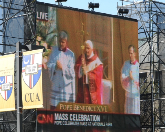 CUA students view Pope Benedict XVI’s Mass at Nationals Stadium on a big screen on campus on April 17, 2008.