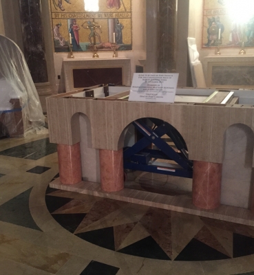 Altar designed by CUA students for the Pope’s Mass sits in the Basilica where it is being finished.