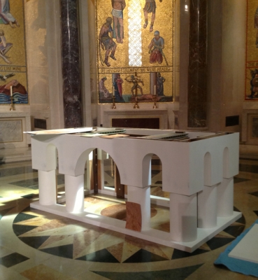 The partially finished altar for the papal Mass sits in the Great Upper Church of the Basilica.