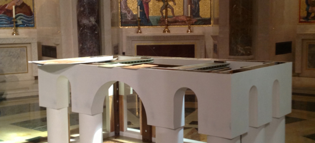 The partially finished altar for the papal Mass sits in the Great Upper Church of the Basilica.