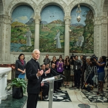 Cardinal Donald Wuerl, archbishop of Washington and chancellor of The Catholic University of America, announces the Pope’s schedule to the media.