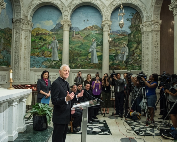 Cardinal Donald Wuerl, archbishop of Washington and chancellor of The Catholic University of America, announces the Pope’s schedule to the media.