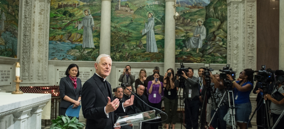 Cardinal Donald Wuerl, archbishop of Washington and chancellor of The Catholic University of America, announces the Pope’s schedule to the media.