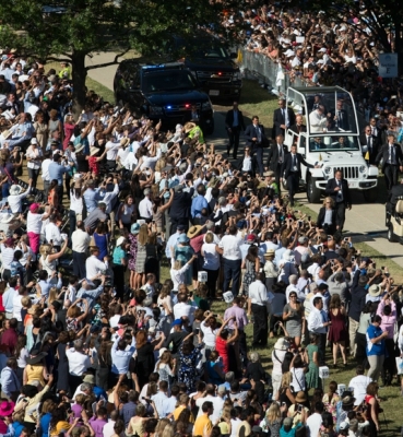 Pope Francis in the Popemobile on CUA Campus