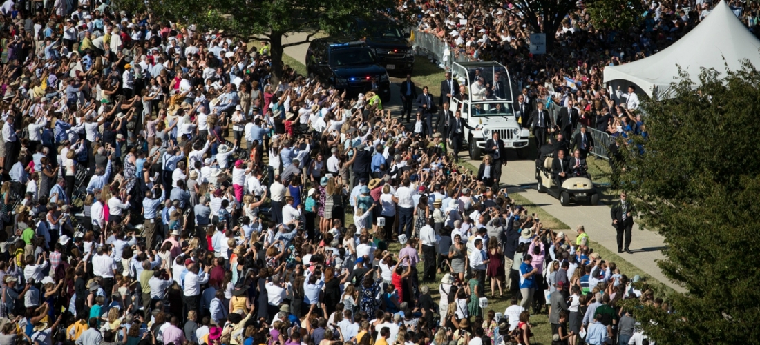 Pope Francis in the Popemobile on CUA Campus