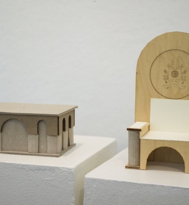 Design for papal altar and chair mimics the architecture of the Romanesque-Byzantine style Basilica